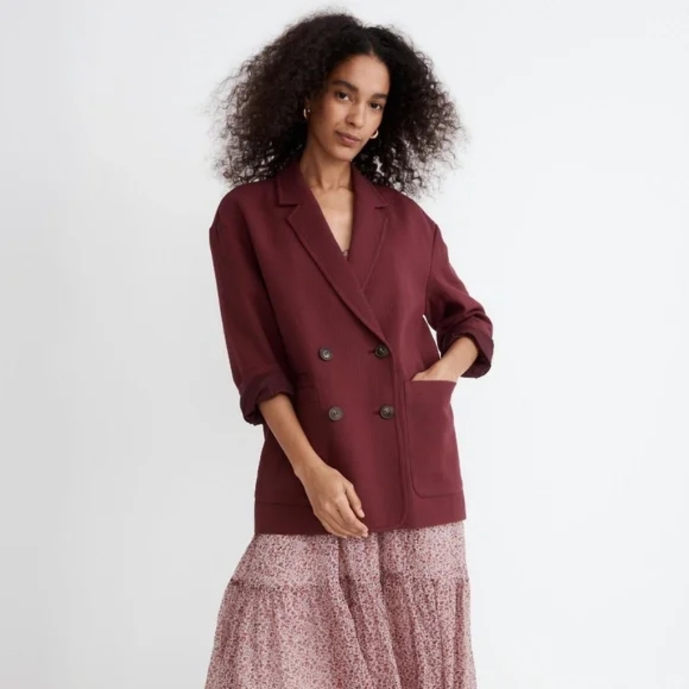Madewell Women’s 1X Drapeweave Caldwell Double-Breasted Blazer Maroon $168